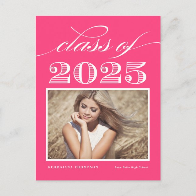 Vintage Class of 2025 Hot Pink Photo Graduation Postcard (Front)