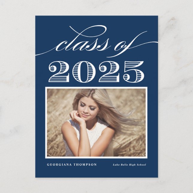 Vintage Class of 2025 Navy Blue Photo Graduation Postcard (Front)
