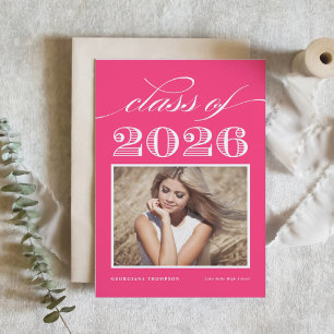 Vintage Class of 2026 Hot Pink Photo Graduation Invitation