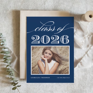 Vintage Class of 2026 Navy Blue Photo Graduation Invitation