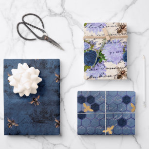 Vintage Classic Blue Bee Flowers Mix and Match Wrapping Paper Sheet