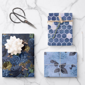 Vintage Classic Blue Bee Flowers Mix and Match Wrapping Paper Sheet