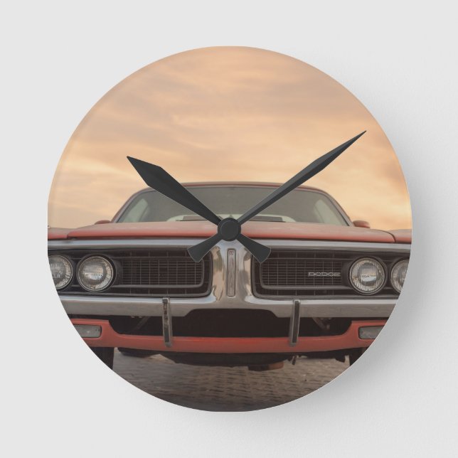 Vintage Classic Car Sunset View Round Clock (Front)
