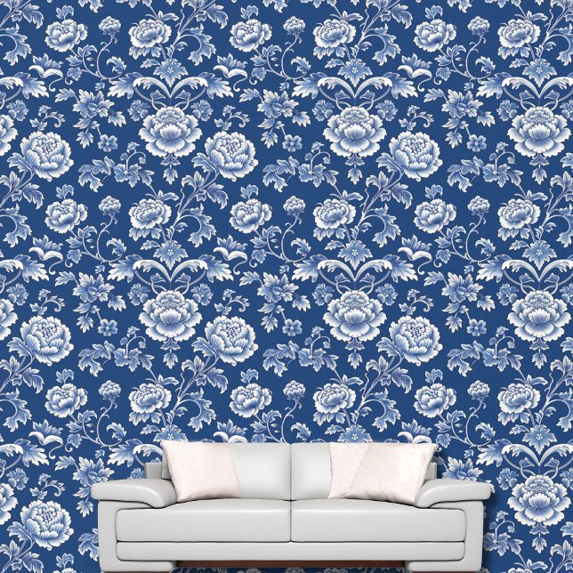 Vintage Classic Chinoiserie Blue White Floral Wallpaper (Creator Uploaded)