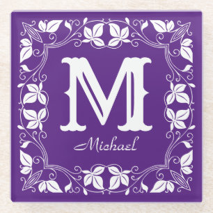 Vintage Classic Floral Personalized Monogram Name  Glass Coaster