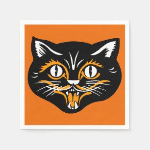 Vintage Classic Halloween Black Cat Face Fangs Napkin