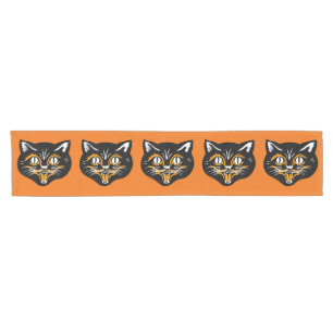 Vintage Classic Halloween Black Cat Face Fangs Short Table Runner