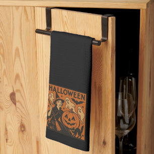 Vintage, classic Halloween witch, ghost & pumpkins Kitchen Towel