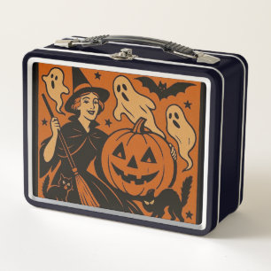 Vintage, classic Halloween witch, ghost & pumpkins Metal Lunch Box