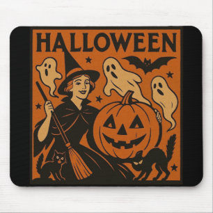 Vintage, classic Halloween witch, ghost & pumpkins Mouse Pad