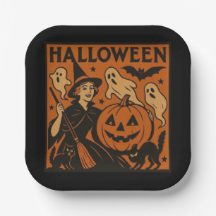 Vintage, classic Halloween witch, ghost & pumpkins Paper Plate