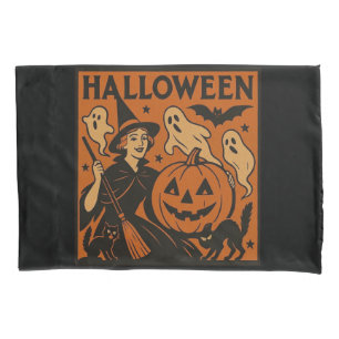 Vintage, classic Halloween witch, ghost & pumpkins Pillowcase