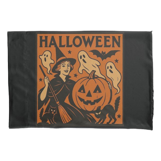 Vintage, classic Halloween witch, ghost & pumpkins Pillowcase (Front)