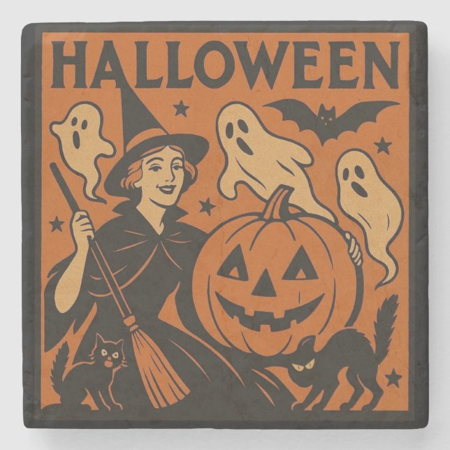 Vintage, classic Halloween witch, ghost & pumpkins Stone Coaster (Front)