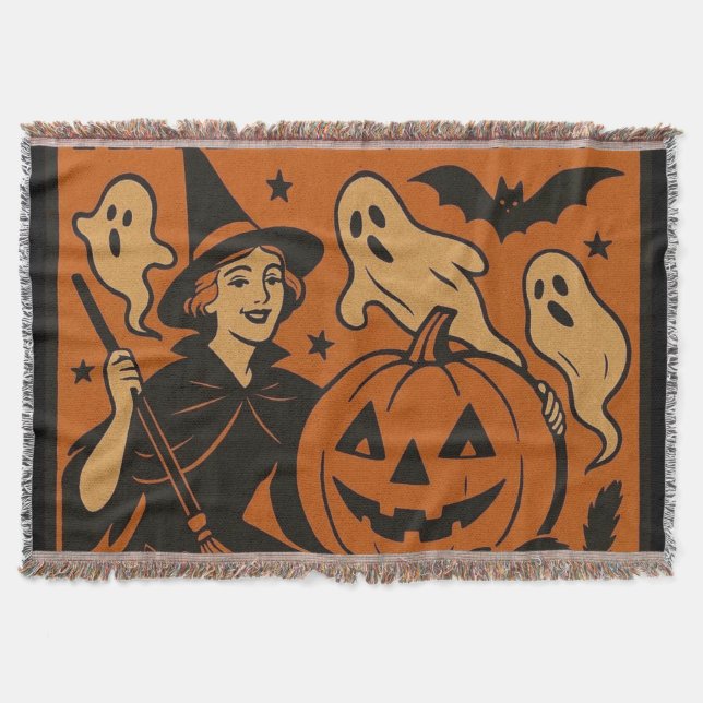 Vintage, classic Halloween witch, ghost & pumpkins Throw Blanket (Front)