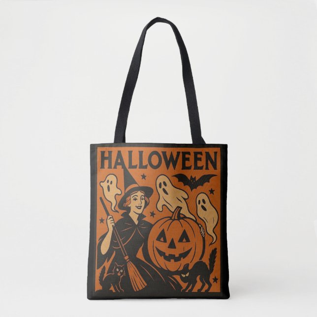 Vintage, classic Halloween witch, ghost & pumpkins Tote Bag (Front)