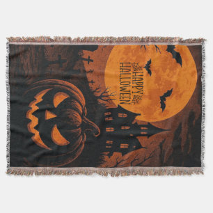 Vintage, classic Happy Halloween pumpkin Throw Blanket