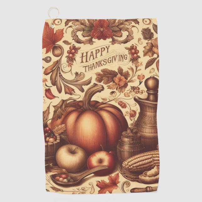 Vintage/Classic Happy Thanksgiving Golf Towel (Front)
