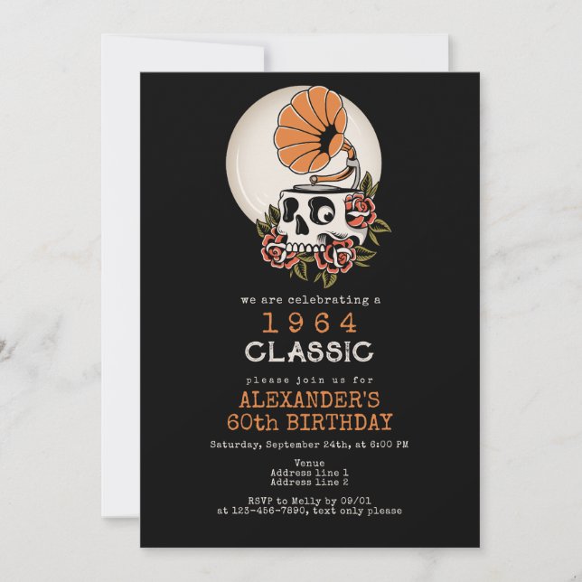 Vintage Classic Music Themed Gothic Skull Birthday Invitation (Front)