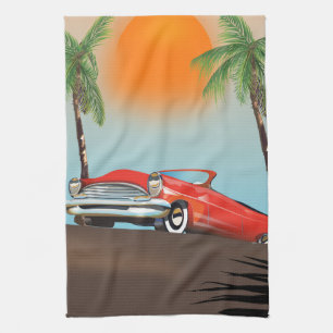 Vintage Classic Red Car In Paradise Kitchen Towel
