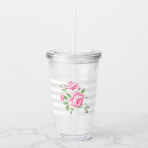Vintage Classic Rose Floral Classic Stripe Chic Acrylic Tumbler
