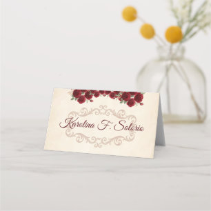 Vintage Classy Elegant Red Roses Floral Burgundy  Place Card