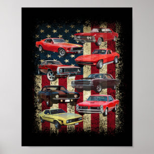 Vintage Clic Muscle Car Retro American Flag Patrio Poster