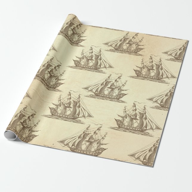 Vintage Clipper Ship on Cream Wrapping Paper (Unrolled)