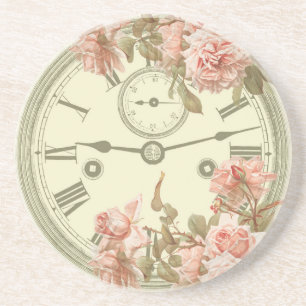 Vintage Clock and Pink Roses Ephemera Coaster