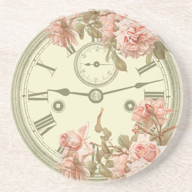 Vintage Clock and Pink Roses Ephemera Coaster (Front)
