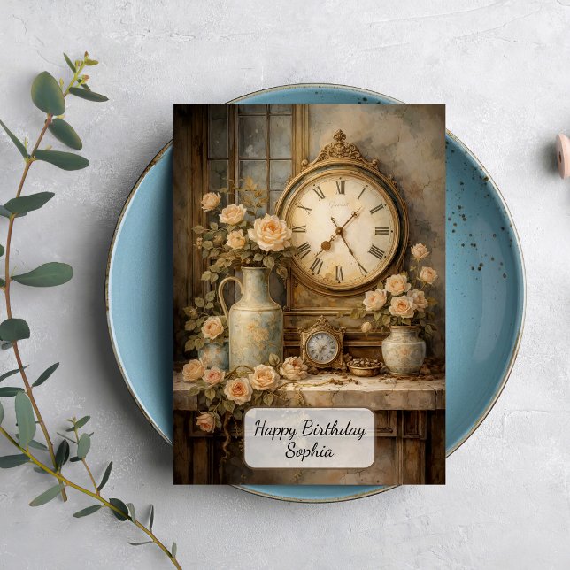 Vintage Clock and Roses Card (Creator Uploaded)