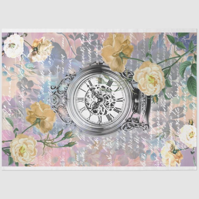 Vintage Clock and Roses Decoupage Tissue Paper (Front)