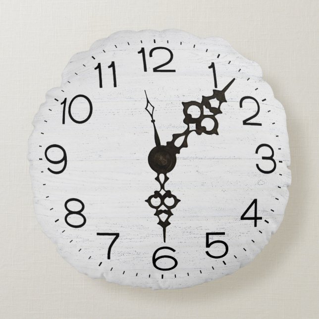 Vintage Clock Face On Whitewashed Wood Round Pillow (Front)