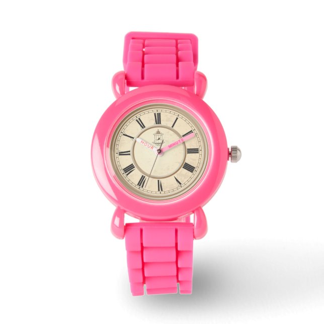 Vintage Clock Face Pink Wrist Watch  (Front)