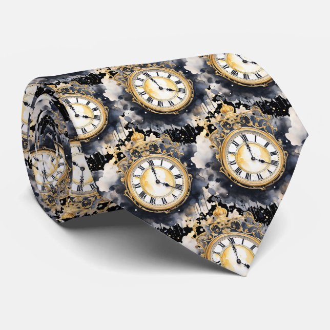 Vintage Clock Face Steampunk Neck Tie (Rolled)