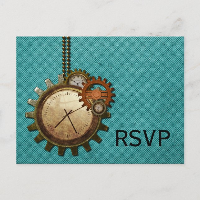 Vintage Clock RSVP Postcard, Turquoise Invitation Postcard (Front)