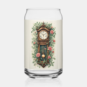 Vintage Clock Surrounded by Roses and Vines Can Glass