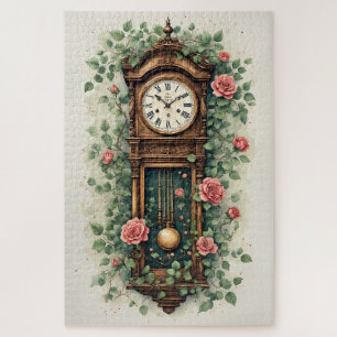 Vintage Clock Surrounded by Roses and Vines Jigsaw Puzzle