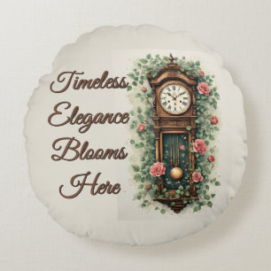 Vintage Clock Surrounded by Roses and Vines Round Pillow
