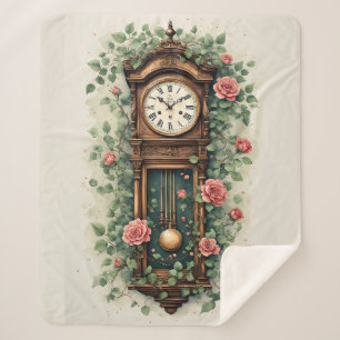 Vintage Clock Surrounded by Roses and Vines Sherpa Blanket