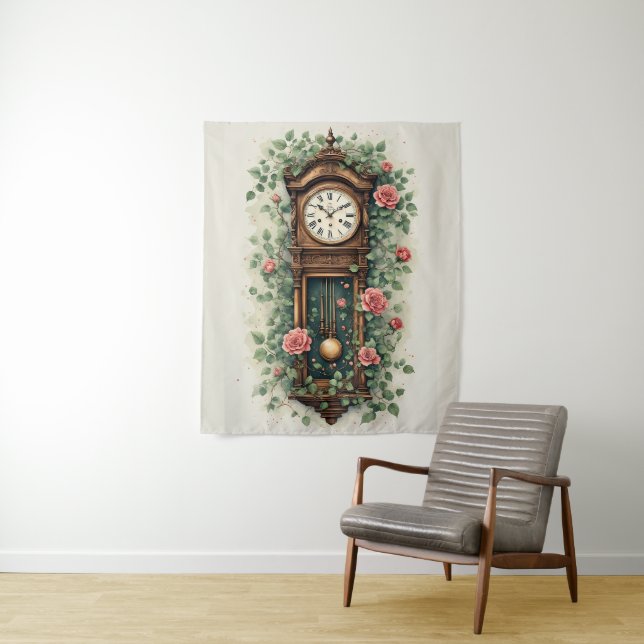 Vintage Clock Surrounded by Roses and Vines Tapestry (In Situ)