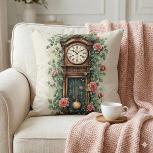 Vintage Clock Surrounded by Roses and Vines Throw Pillow