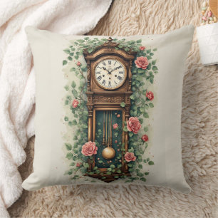 Vintage Clock Surrounded by Roses and Vines Throw Pillow
