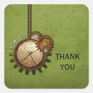 Vintage Clock Thank You Stickers, Green Square Sticker