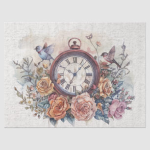 Vintage  Clock with Birds and Roses Decoupage Tissue Paper