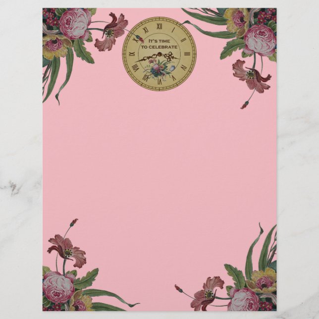 Vintage Clock with Flowers Birthday Party (Front)
