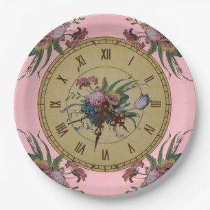 Vintage Clock with Flowers Paper Plate