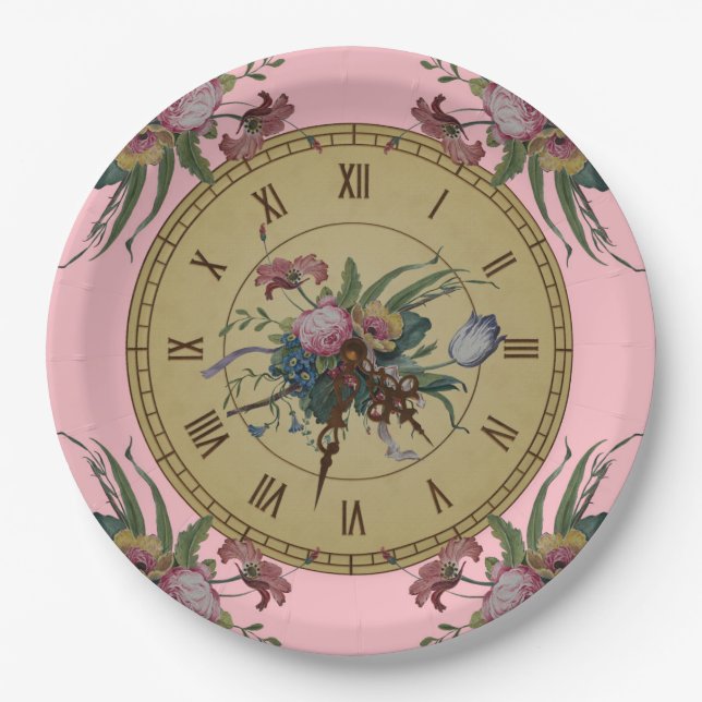 Vintage Clock with Flowers Paper Plate (Front)