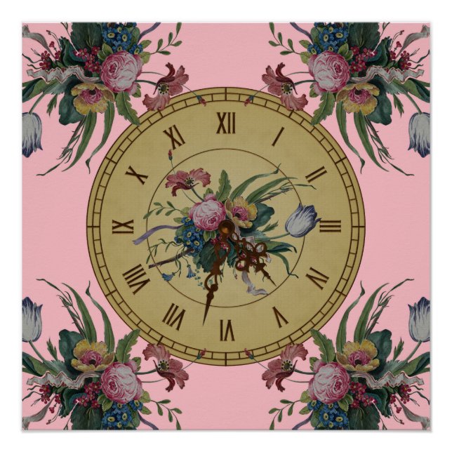 Vintage Clock with Flowers Poster (Front)