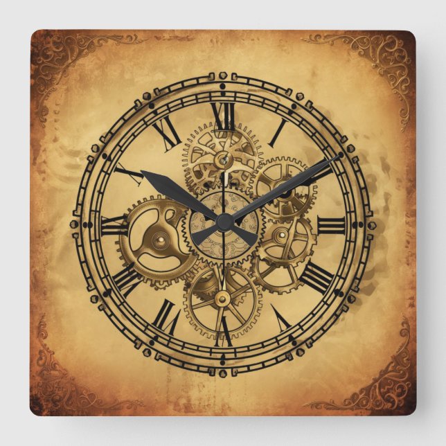 Vintage Clockwork Square Wall Clock (Front)